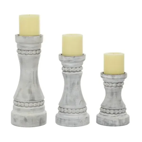 Candle Holders-Kirkland's Home Rustic Gray Carved 3-Pc. Candle Holder Set White/Gray