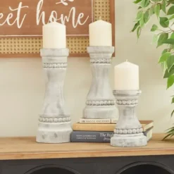 Candle Holders-Kirkland's Home Rustic Gray Carved 3-Pc. Candle Holder Set White/Gray