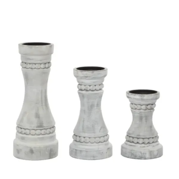 Candle Holders-Kirkland's Home Rustic Gray Carved 3-Pc. Candle Holder Set White/Gray
