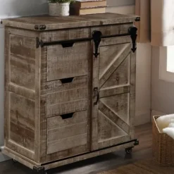 Cabinets & Sideboards-Kirkland's Home Rustic Natural Fir Wood Rolling Barn Door Cabinet Tan