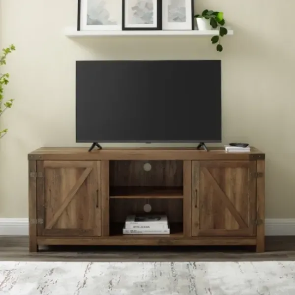 Tv Stands & Media Consoles-Kirkland's Home Rustic Oak Barn Doors Tv Stand Brown