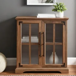 Cabinets & Sideboards-Kirkland's Home Rustic Oak Finish Window Pane Cabinet Brown