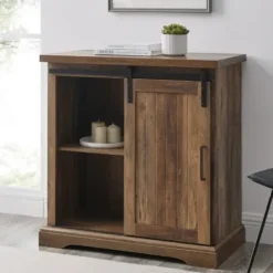 Cabinets & Sideboards-Kirkland's Home Rustic Oak Grooved Sliding Barn Door Cabinet Brown