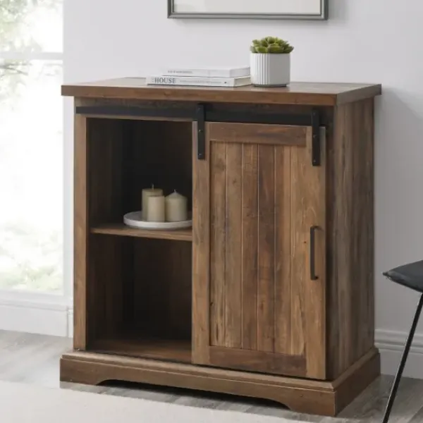 Cabinets & Sideboards-Kirkland's Home Rustic Oak Grooved Sliding Barn Door Cabinet Brown