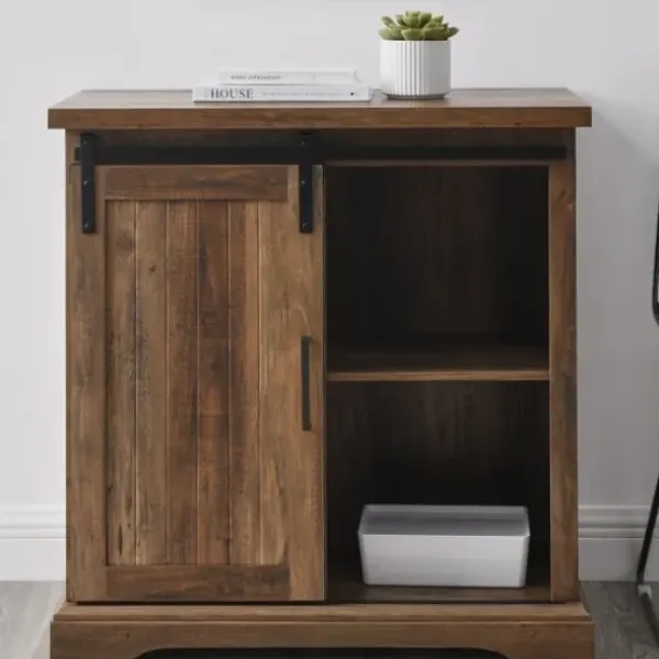 Cabinets & Sideboards-Kirkland's Home Rustic Oak Grooved Sliding Barn Door Cabinet Brown