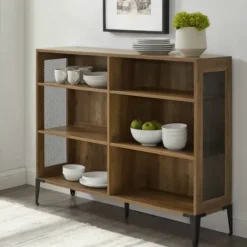 Entryway Furniture-Kirkland's Home Rustic Oak Mesh Accent Bookshelf Brown