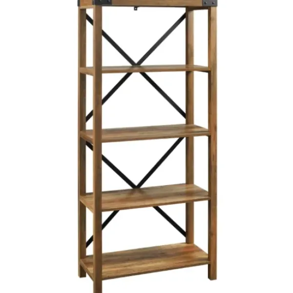 Office Furniture-Kirkland's Home Rustic Oak Metal X Frame Back Bookshelf Brown