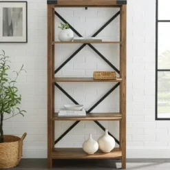 Office Furniture-Kirkland's Home Rustic Oak Metal X Frame Back Bookshelf Brown