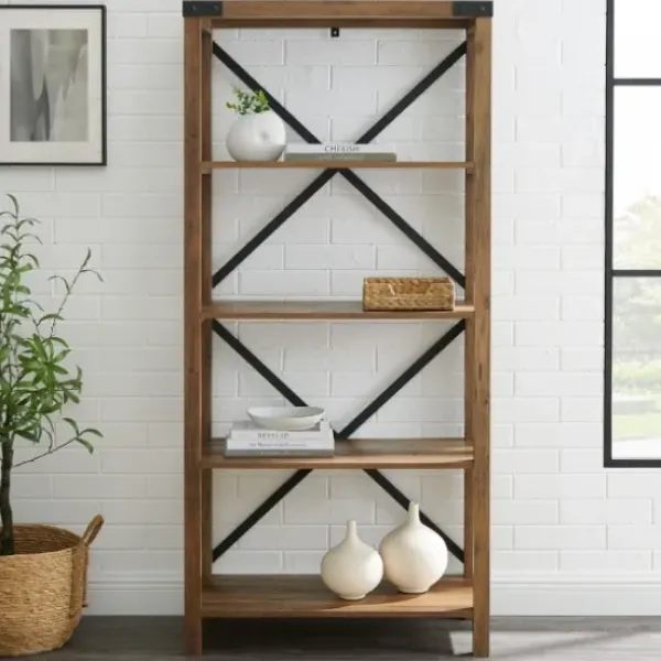 Office Furniture-Kirkland's Home Rustic Oak Metal X Frame Back Bookshelf Brown