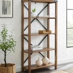 Office Furniture-Kirkland's Home Rustic Oak Metal X Frame Back Bookshelf Brown