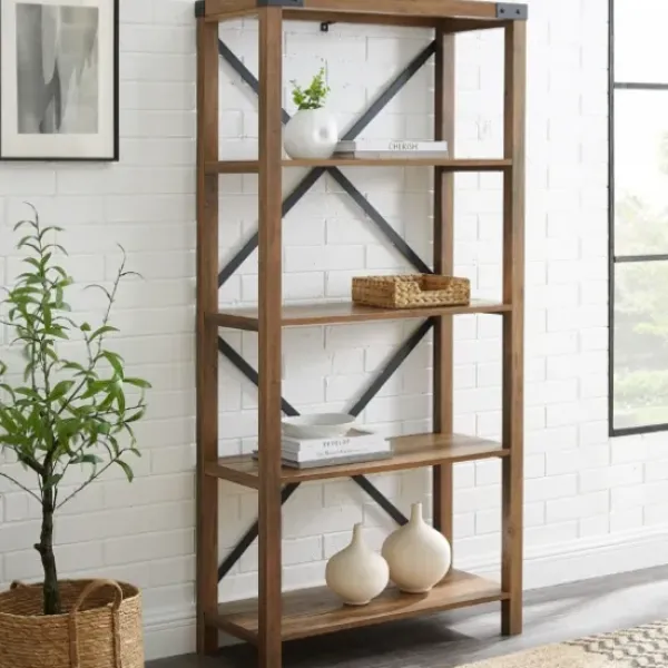 Office Furniture-Kirkland's Home Rustic Oak Metal X Frame Back Bookshelf Brown