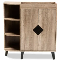 Entryway Furniture-Kirkland's Home Rustic Oak Open Shoe Storage Cabinet Tan