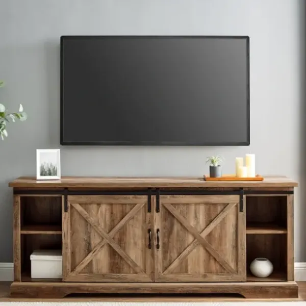 Tv Stands & Media Consoles-Kirkland's Home Rustic Oak Sliding Barn Door Tv Stand Brown