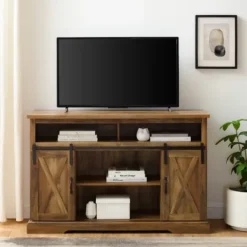 Tv Stands & Media Consoles-Kirkland's Home Rustic Oak Sliding Barn Door Highboy Tv Stand Brown