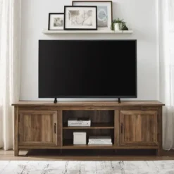 Tv Stands & Media Consoles-Kirkland's Home Rustic Oak Wood Grooved Door Tv Stand Brown