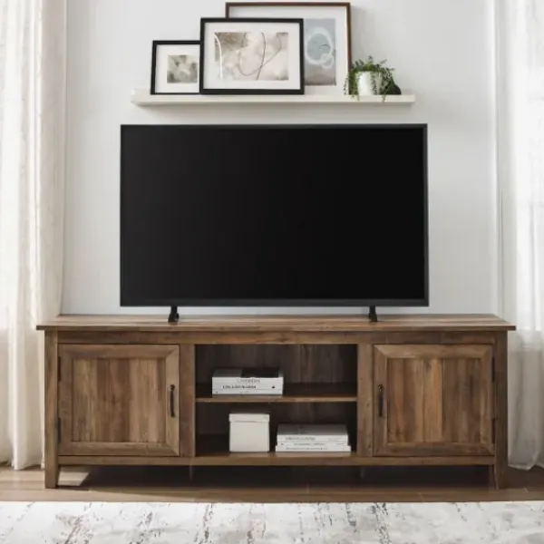 Tv Stands & Media Consoles-Kirkland's Home Rustic Oak Wood Grooved Door Tv Stand Brown