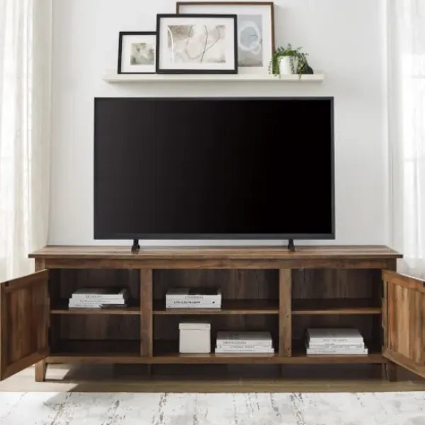 Tv Stands & Media Consoles-Kirkland's Home Rustic Oak Wood Grooved Door Tv Stand Brown
