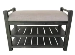 Benches & Ottomans-Kirkland's Home Rustic Slats Dark Acacia Wood Upholstered Bench Gray