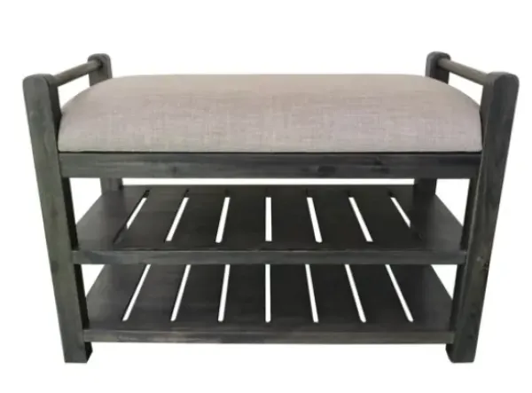 Benches & Ottomans-Kirkland's Home Rustic Slats Dark Acacia Wood Upholstered Bench Gray