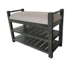 Benches & Ottomans-Kirkland's Home Rustic Slats Dark Acacia Wood Upholstered Bench Gray
