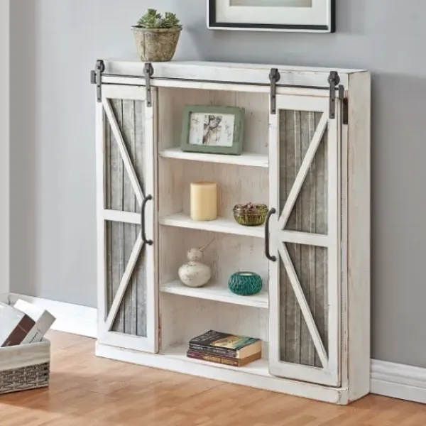 Cabinets & Sideboards-Kirkland's Home Rustic Sliding Metal Door Cabinet White