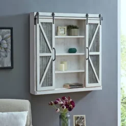 Cabinets & Sideboards-Kirkland's Home Rustic Sliding Metal Door Cabinet White