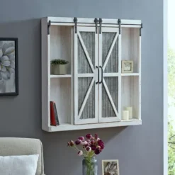 Cabinets & Sideboards-Kirkland's Home Rustic Sliding Metal Door Cabinet White