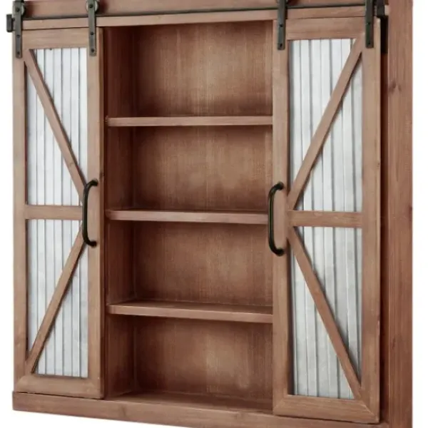 Cabinets & Sideboards-Kirkland's Home Rustic Walnut Sliding Metal Door Cabinet Brown