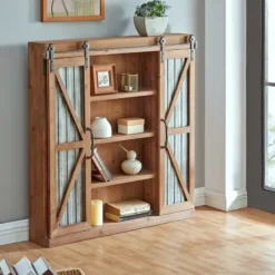 Cabinets & Sideboards-Kirkland's Home Rustic Walnut Sliding Metal Door Cabinet Brown