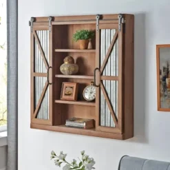 Cabinets & Sideboards-Kirkland's Home Rustic Walnut Sliding Metal Door Cabinet Brown