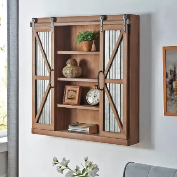 Cabinets & Sideboards-Kirkland's Home Rustic Walnut Sliding Metal Door Cabinet Brown