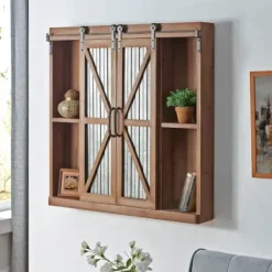 Cabinets & Sideboards-Kirkland's Home Rustic Walnut Sliding Metal Door Cabinet Brown