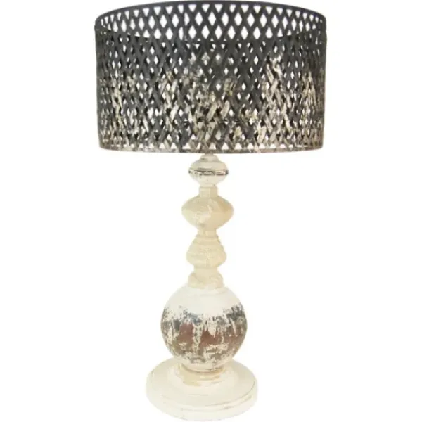 Table Lamps-Kirkland's Home Rustic White Table Lamp With Woven Metal Shade Brown