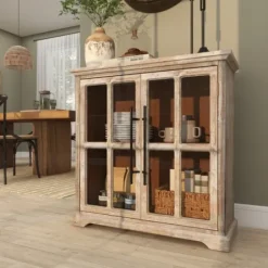 Cabinets & Sideboards-Kirkland's Home Rustic Wood And Glass 2-Door Cabinet Tan