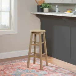 Bar Stools & Counter Height Stools-Kirkland's Home Rustic Wood Pub Classic Backless Bar Stool Tan