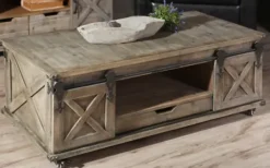 Coffee Tables-Kirkland's Home Rustic Wood Rolling Barn Door Coffee Table Gray