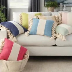 Pillows-Kirkland's Home Sage And Ivory Striped Tassel Pillow Green/Ivory