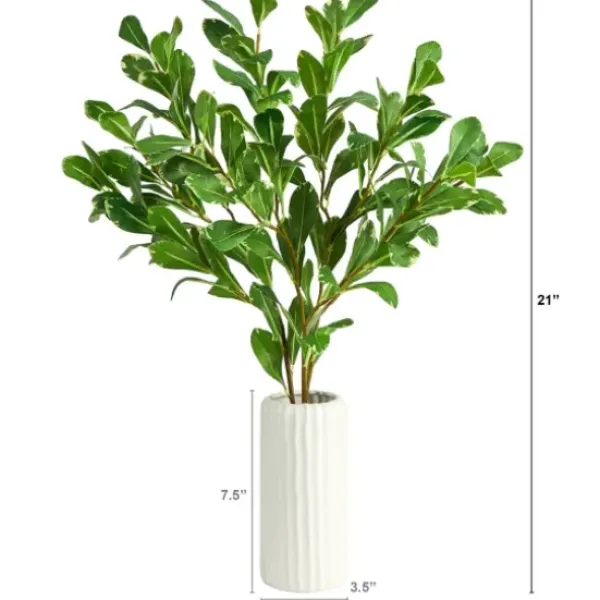 Arrangements & Greenery-Kirkland's Home Salal Shrub In Oblong Ribbed Vase, 21 In. Green/White