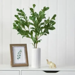 Arrangements & Greenery-Kirkland's Home Salal Shrub In Oblong Ribbed Vase, 21 In. Green/White
