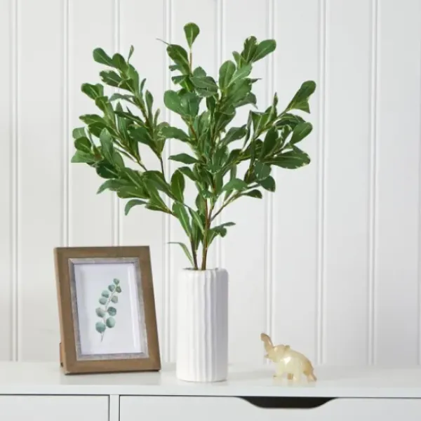 Arrangements & Greenery-Kirkland's Home Salal Shrub In Oblong Ribbed Vase, 21 In. Green/White