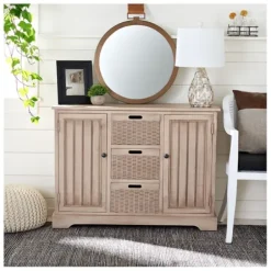 Cabinets & Sideboards-Kirkland's Home Sand Cabinet With Natural Woven Baskets Tan