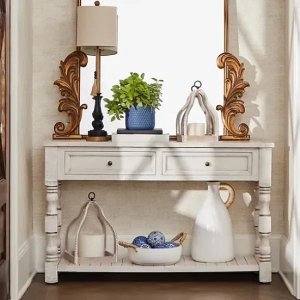 Console Tables-Kirkland's Home Savannah Cream Distressed Console Table Ivory