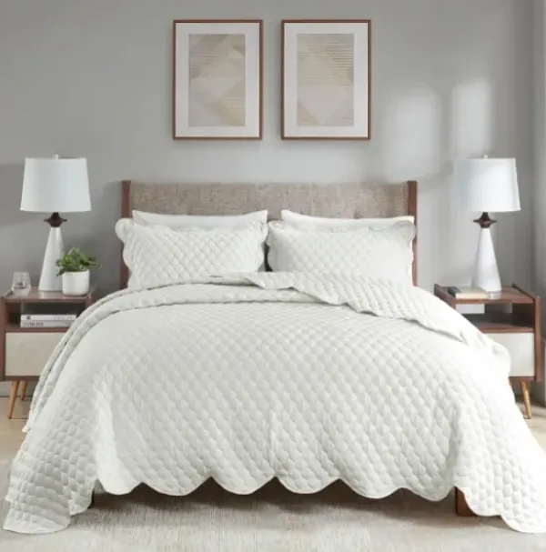 Quilts-Kirkland's Home Scalloped Crinkle 3-Pc. Full/Queen Quilt Set Ivory