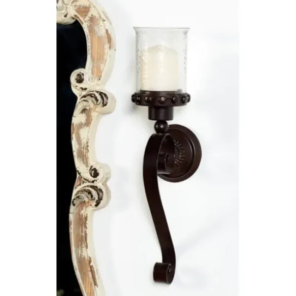 Sconces-Kirkland's Home Scrolled Wrought Iron And Glass Hurricane Sconce