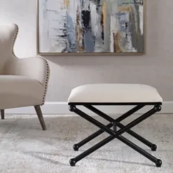 Benches & Ottomans-Kirkland's Home Seat And Black Metal Ottoman White