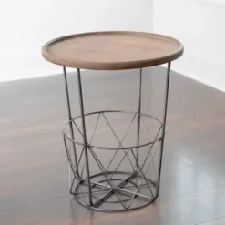 Accent & End Tables-Kirkland's Home Side Table With Metal Wire Basket Brown
