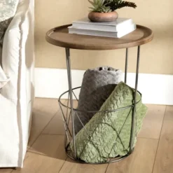 Accent & End Tables-Kirkland's Home Side Table With Metal Wire Basket Brown