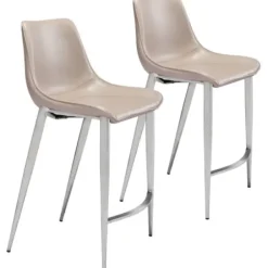 Bar Stools & Counter Height Stools-Kirkland's Home Silver & Beige Leather Counter Stools, Set Of 2 Tan