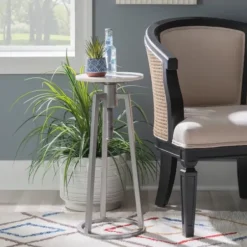 Accent & End Tables-Kirkland's Home Silver And White Marble Adjustable Drink Table Silver/White
