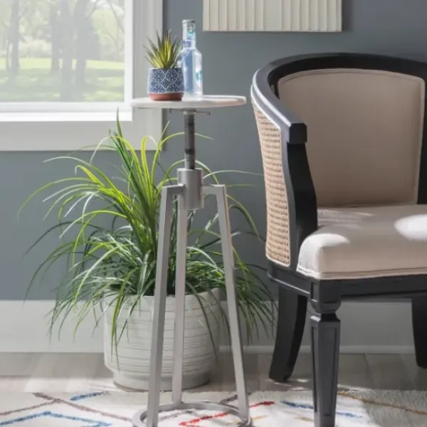 Accent & End Tables-Kirkland's Home Silver And White Marble Adjustable Drink Table Silver/White